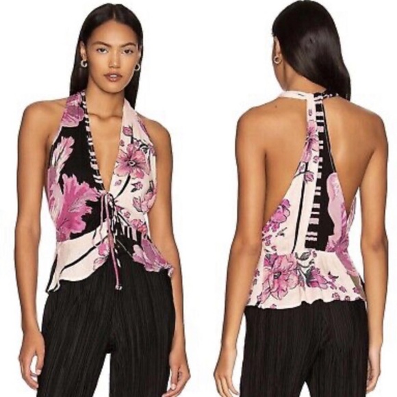 Free People Floral Hot Tropics Halter Sleeveless Boho Tank sz L - Picture 10 of 10